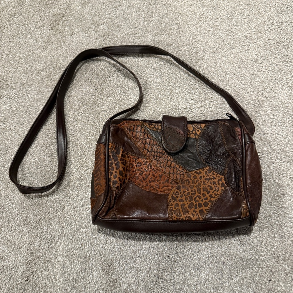 VTG 80's 90's Brown Patchwork Leather Shoulder Crossbody Bag Purse Boho